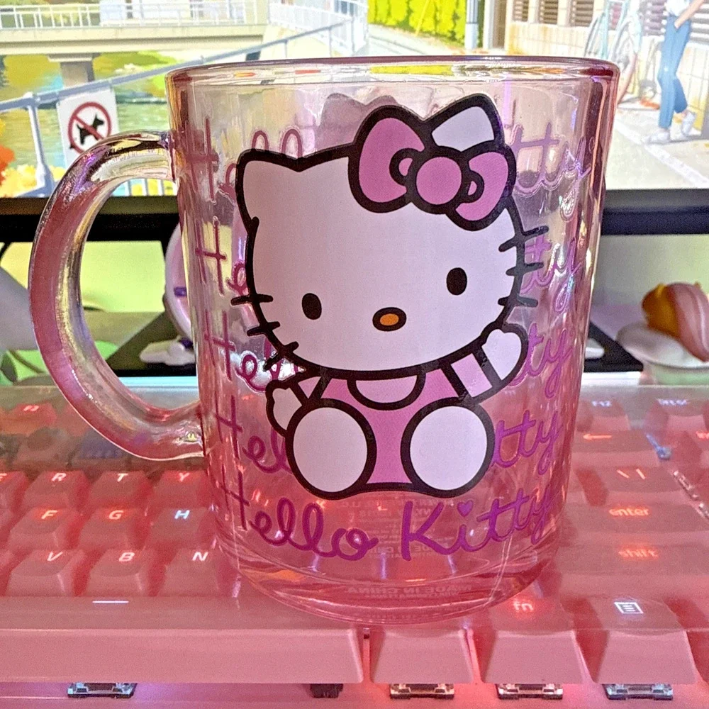 Sanrio Hello Kitty Mug Clear Pink Glass Large Coffee Cup 17.5oz 2024 Classic Bow